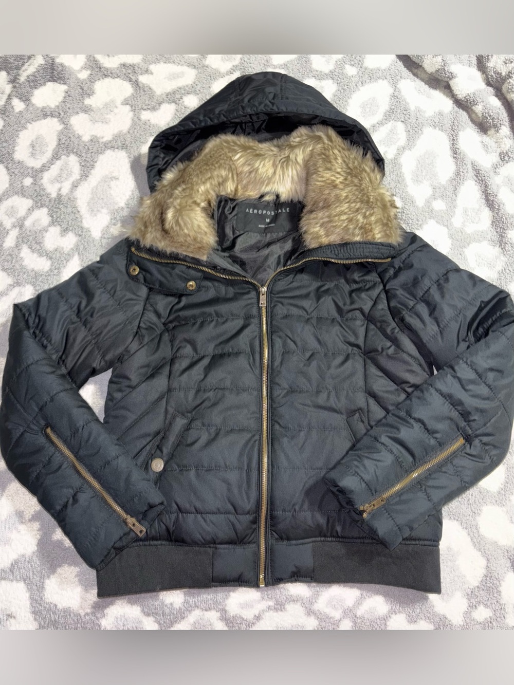 Aeropostale Black Quilted Puffer Bomber Style Jacket with Faux Fur-Trim Hood